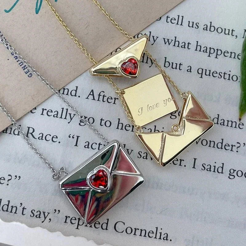 Vintage Heart Zircon Lettering I Love You Square Pendant Openable Envelope Necklace Stainless Steel Jewelry Valentine Day Gifts