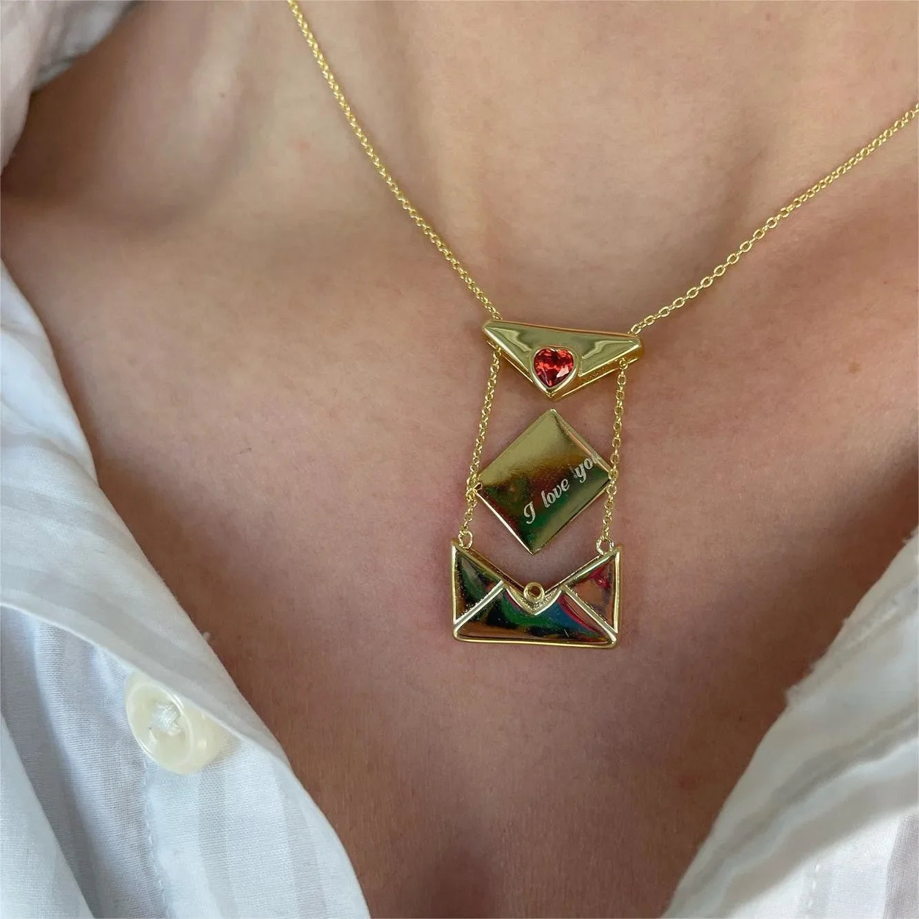 Vintage Heart Zircon Lettering I Love You Square Pendant Openable Envelope Necklace Stainless Steel Jewelry Valentine Day Gifts