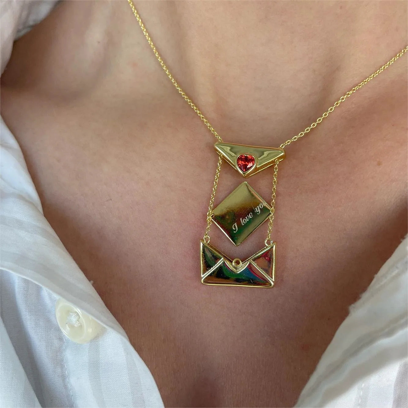 Vintage Heart Zircon Lettering I Love You Square Pendant Openable Envelope Necklace Stainless Steel Jewelry Valentine Day Gifts
