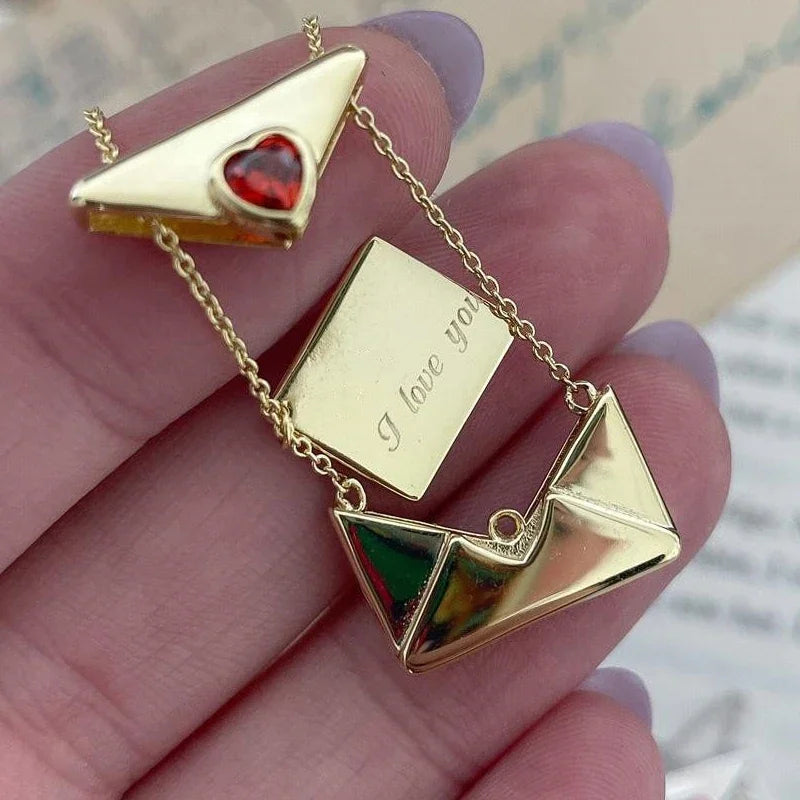 Vintage Heart Zircon Lettering I Love You Square Pendant Openable Envelope Necklace Stainless Steel Jewelry Valentine Day Gifts